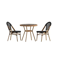 Merrick Lane Mael Bistro Style Table With Glass Top, Textilene, 2 Stack Chairs, And Bamboo Finished Metal Frame For Indoor/Outdoor Use