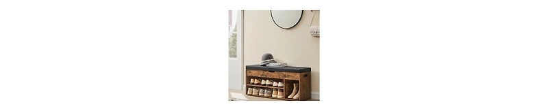 Storage Bench with Cushion Seat and 3 Open Compartments for Entryway or Bedroom
