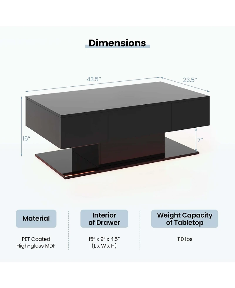 Led Coffee Table with 2 Drawers 20-Color Dimmable Led Lights & Remote Control