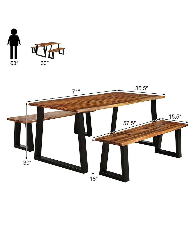 Gymax Picnic Table Set Acacia Wood 3 Piece Table Bench Outdoor Patio