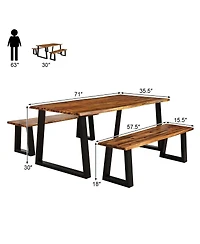 Gymax Picnic Table Set Acacia Wood 3 Piece Table Bench Outdoor Patio