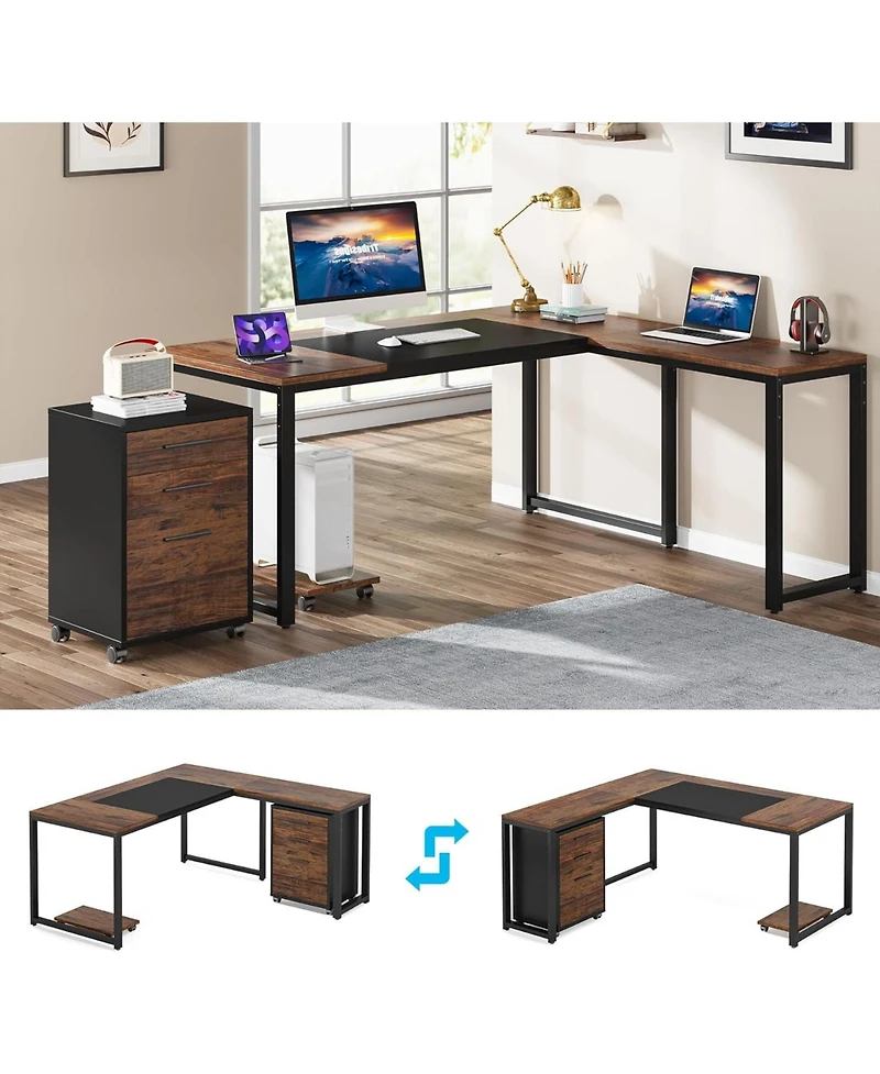 Tribesigns 62.99" L-Shaped Computer Desk with Mobile File Cabinet, Large Executive Office Desk with 3-Drawer Vertical Filing Cabinet, Business Fu