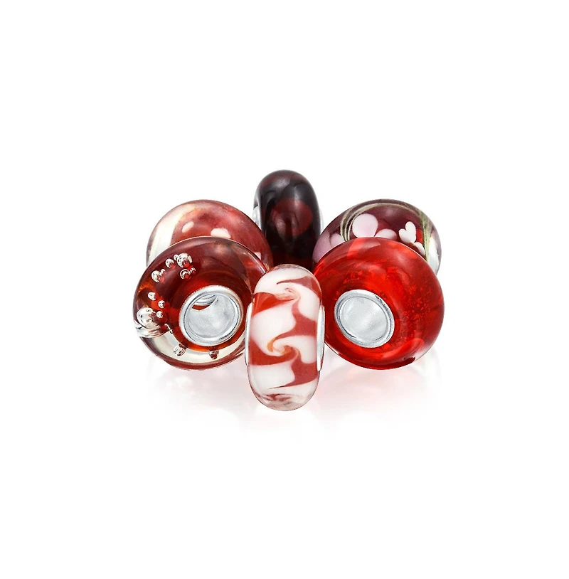 Bling Jewelry Mixed Set Of Bundle .925 Sterling Silver Core Translucent Shades Red White Stripe Green Pink Floral Murano Glass Swirl Charm Bead Spa