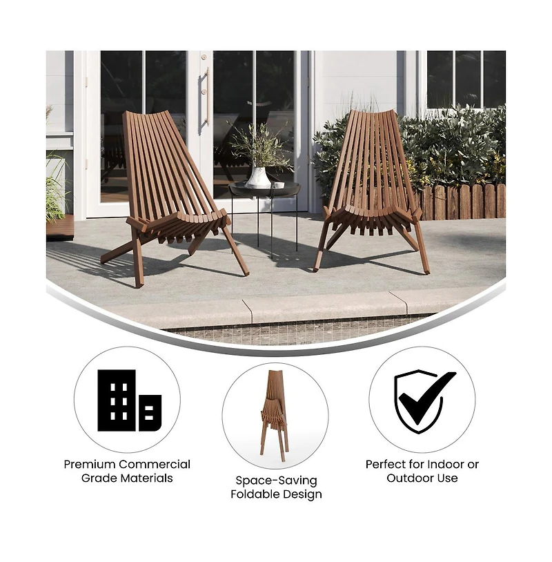 Merrick Lane Dubois Indoor/Outdoor Solid Acacia Wood Low Profile Lounge Folding Chair For Use With Backyard, Patio, Sunroom, Porch, Garden