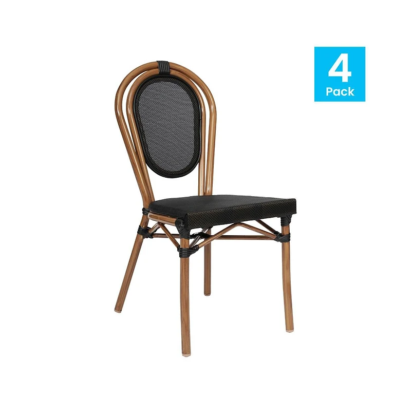 Merrick Lane Mael Set Of Four Stacking Thonet Bistro Style Chair With Textilene Seat And Bamboo Finished Metal Frame For Indoor/Outdoor Use