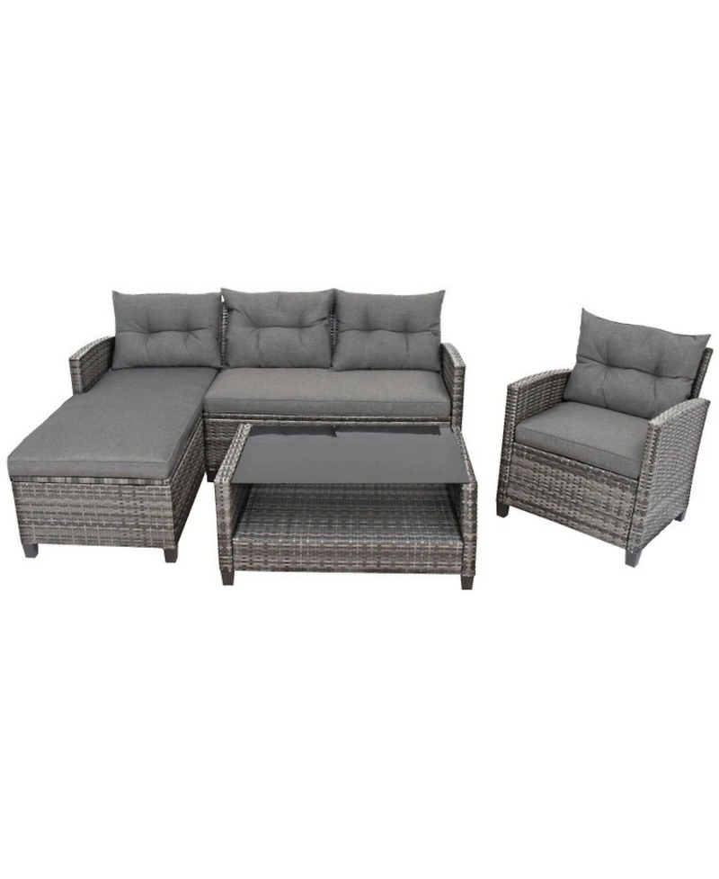 Sugift 4 Pieces Patio Rattan Furniture Set with Cushion and Table Shelf