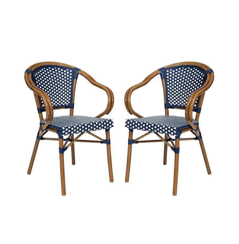 Merrick Lane Sacha Set Of Two Stacking Thonet Bistro Style Chair With Arms, Pe Rattan Seat, And Bamboo Metal Frame For Indoor/Outdoor Use