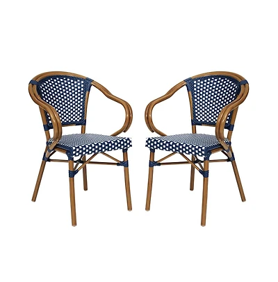 Merrick Lane Sacha Set Of Two Stacking Thonet Bistro Style Chair With Arms, Pe Rattan Seat, And Bamboo Metal Frame For Indoor/Outdoor Use