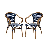 Merrick Lane Sacha Set Of Two Stacking Thonet Bistro Style Chair With Arms, Pe Rattan Seat, And Bamboo Metal Frame For Indoor/Outdoor Use