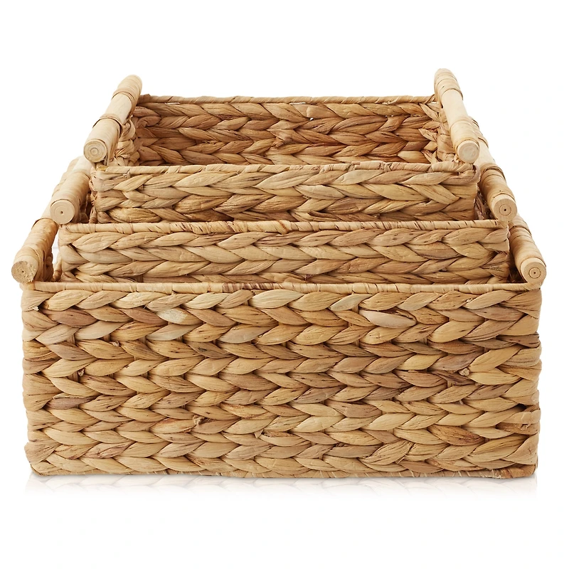 Casafield (Set of 3) Water Hyacinth Rectangular Storage Baskets with Wooden Handles - Small, Medium, Large Woven Nesting Baskets - Natural