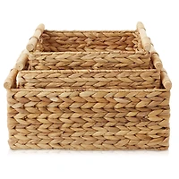 Casafield (Set of 3) Water Hyacinth Rectangular Storage Baskets with Wooden Handles - Small, Medium, Large Woven Nesting Baskets - Natural