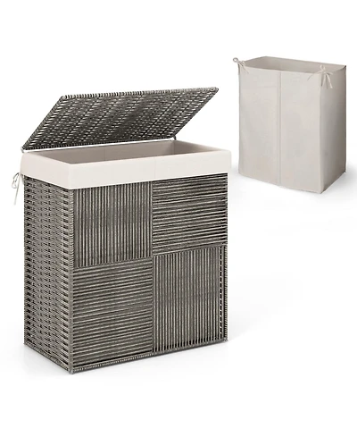 Hand-woven Rattan Laundry Hamper with Lid Removable Liner Bag 29-Gallon 2-Section