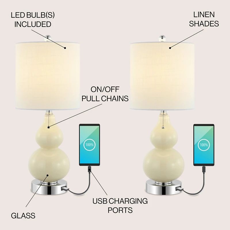Jonathan Y Cora Classic Retro Glass Led Table Lamp with Usb Charging Port (Set of 2)