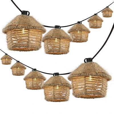 Jonathan Y Maui 10-Light Indoor/Outdoor 10 ft. Mid-Century Vintage Led G40 Tiki Hut Hemp Rope Shaded String Lights, Brown