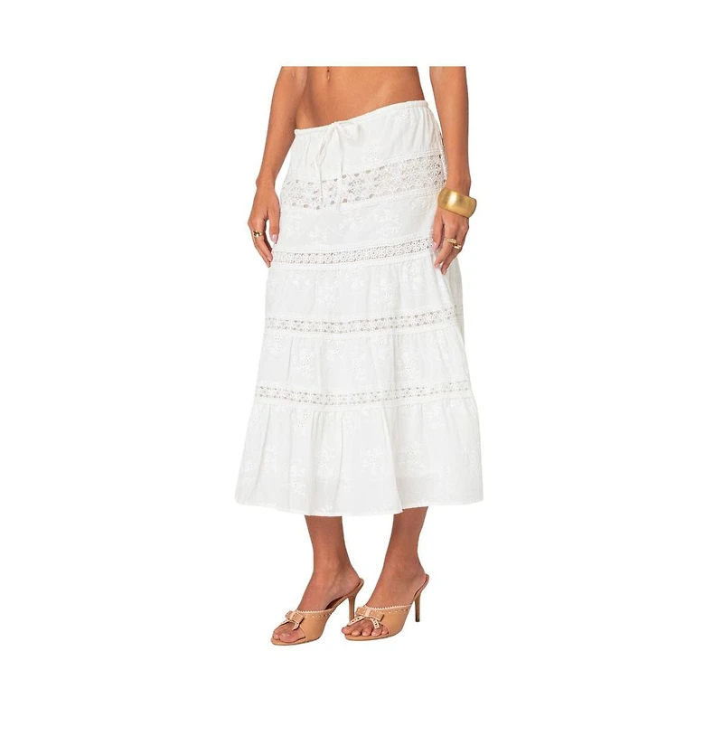 Women's Tiered Cotton Lace Midi Skirt