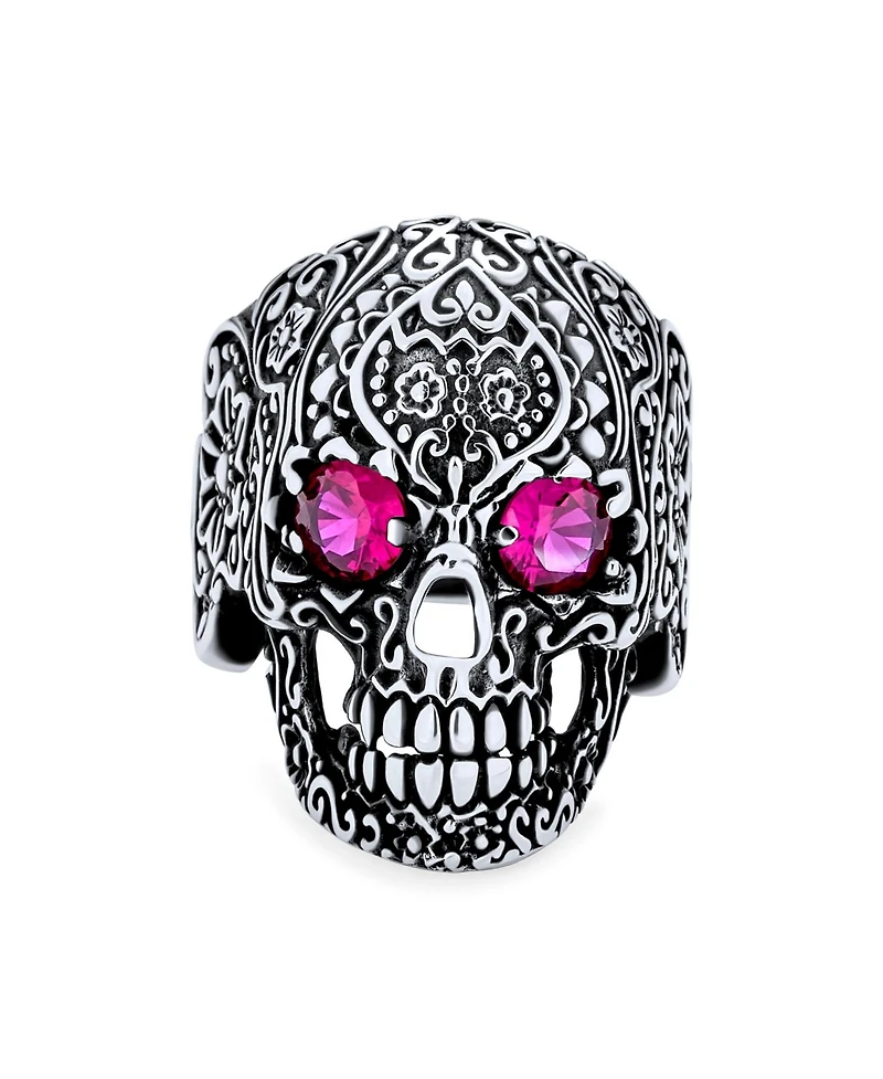 Bling Jewelry Large Biker Halloween Devil Demon Gothic Caribbean Pirate Red Cz Eyes Skull Head Signet Ring Oxidized Sterling Silver