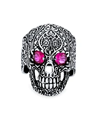 Bling Jewelry Large Biker Halloween Devil Demon Gothic Caribbean Pirate Red Cz Eyes Skull Head Signet Ring Oxidized Sterling Silver