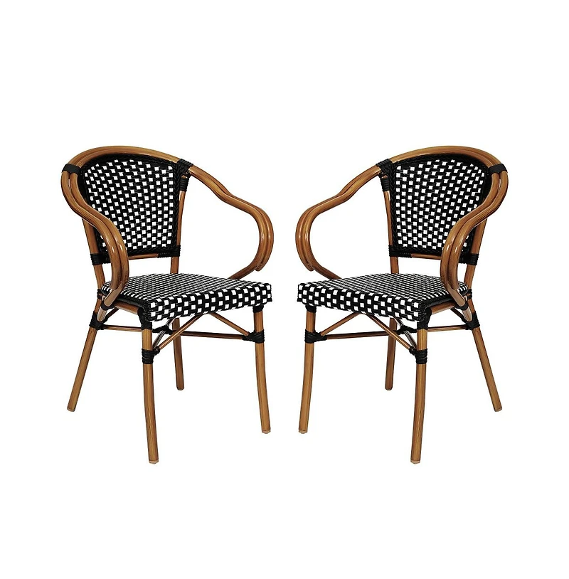 Merrick Lane Sacha Set Of Two Stacking Thonet Bistro Style Chair With Arms, Pe Rattan Seat, And Bamboo Metal Frame For Indoor/Outdoor Use