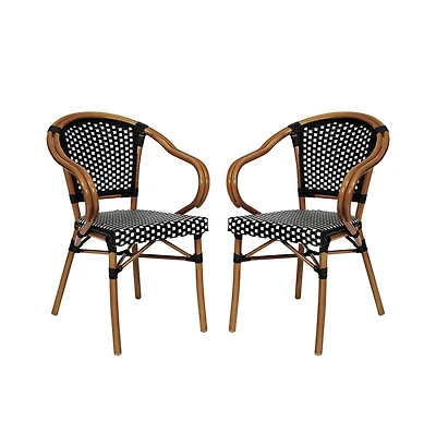 Merrick Lane Sacha Set Of Two Stacking Thonet Bistro Style Chair With Arms, Pe Rattan Seat, And Bamboo Metal Frame For Indoor/Outdoor Use