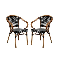 Merrick Lane Sacha Set Of Two Stacking Thonet Bistro Style Chair With Arms, Pe Rattan Seat, And Bamboo Metal Frame For Indoor/Outdoor Use