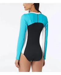 Beach House Sport Sculpt Long Sleeve Zip Front Colorblock One Piece Swimsuit