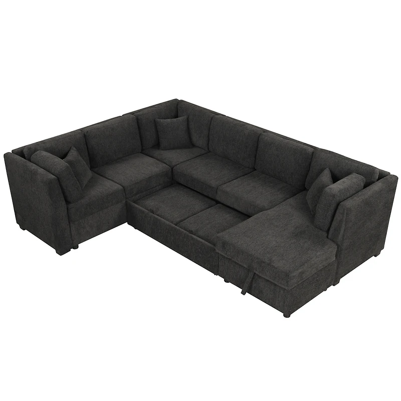 Simplie Fun 108.6" U-Shaped Pull Out Sofa Bed With Two Usb Ports, Power Sockets, Three Pillows, Storage Chaise