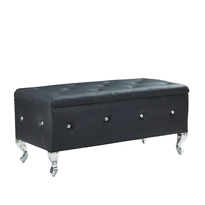 Streamdale Furniture Black Faux Leather Storage Ottoman Bench with Crystal Buttons