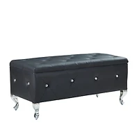 Streamdale Furniture Black Faux Leather Storage Ottoman Bench with Crystal Buttons