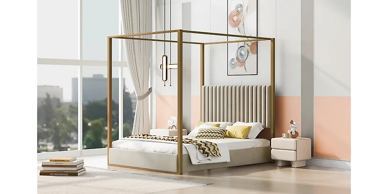 Streamdale Beige Queen Canopy Bed with Headboard and Frame