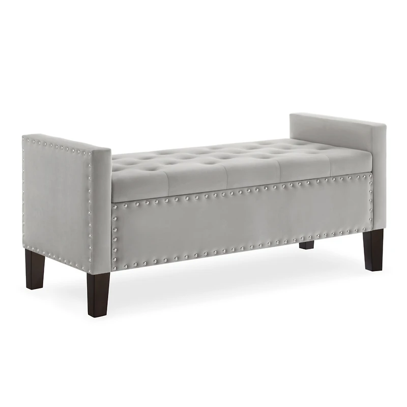 Gray Upholstered Storage Bench with Armrest