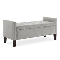 Gray Upholstered Storage Bench with Armrest