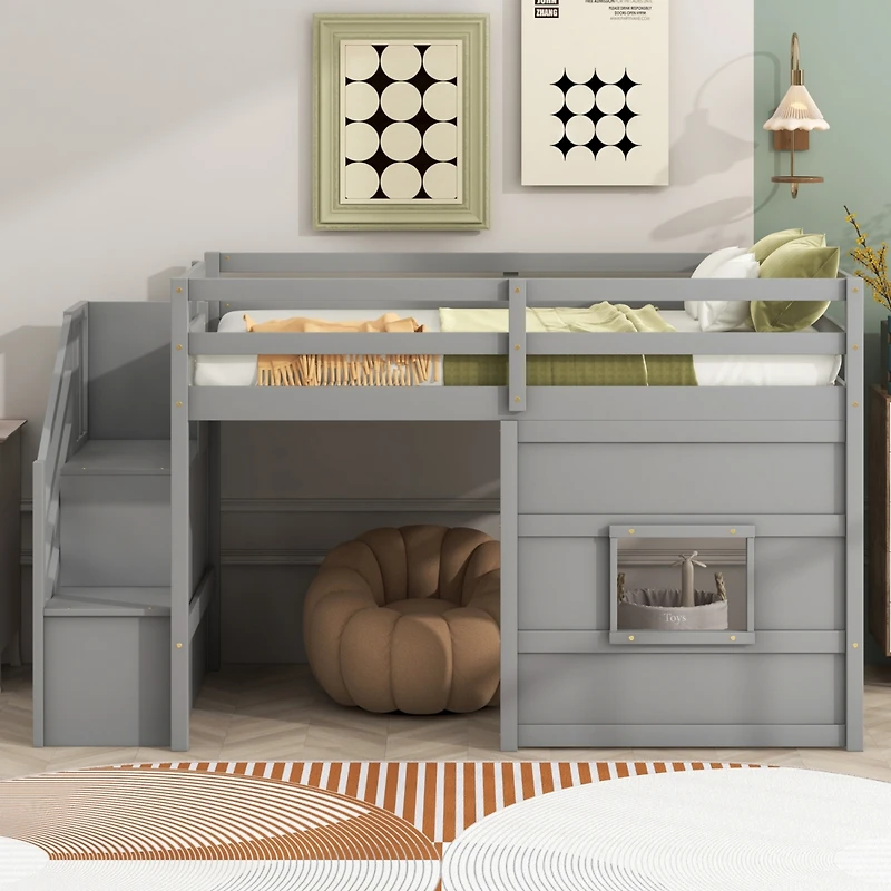 Simplie Fun Twin Loft Bed With Storage Staircase And Window, Gray