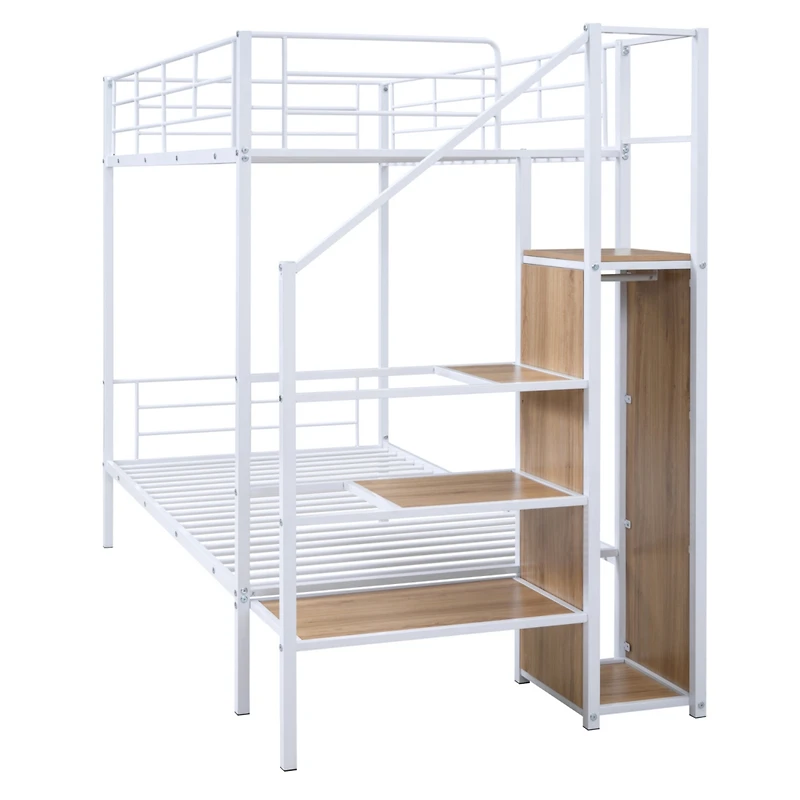 Simplie Fun Twin Over Twin Metal Bunk Bed With Lateral Storage Ladder And Wardrobe, White