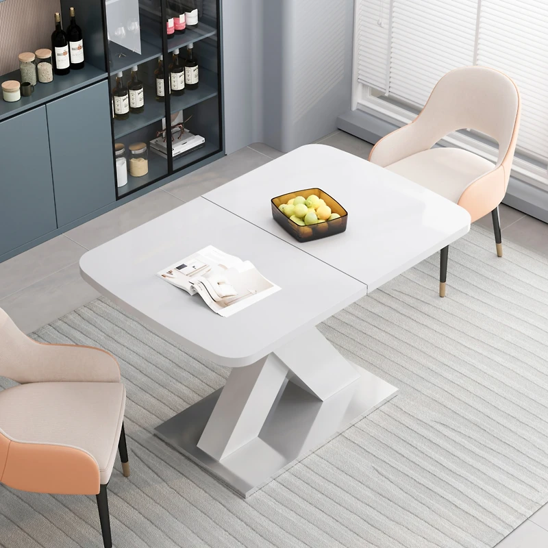 Streamdale Furniture Modern Square Dining Table, Stretchable, White Table Top+Mdf X-Shape Table Leg With Metal Base