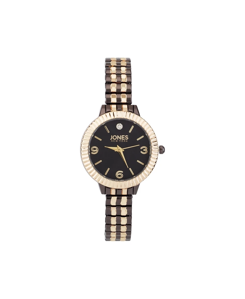 Jones New York Women's Genuine Diamond Gold-Tone and Black Multi-Link Expansion Metal Bracelet Analog Watch 31mm
