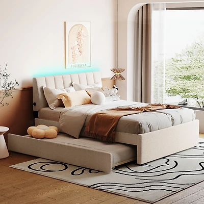 Streamdale Teddy Fleece Full Upholstered Platform Bed With Trundle, Beige