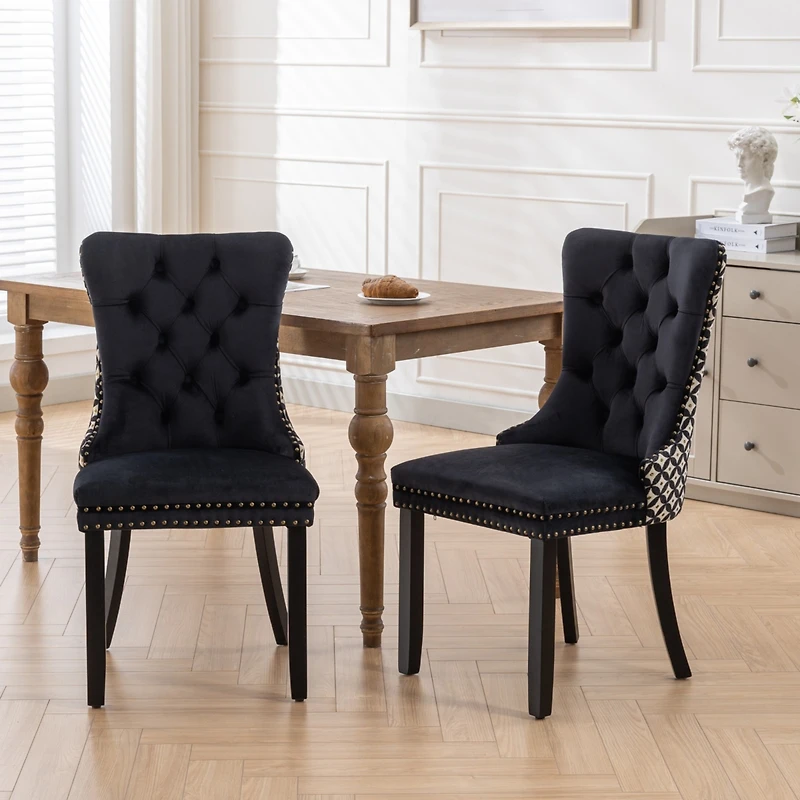 Streamdale Contemporary Velvet Dining Chairs Set, Black & Patterned