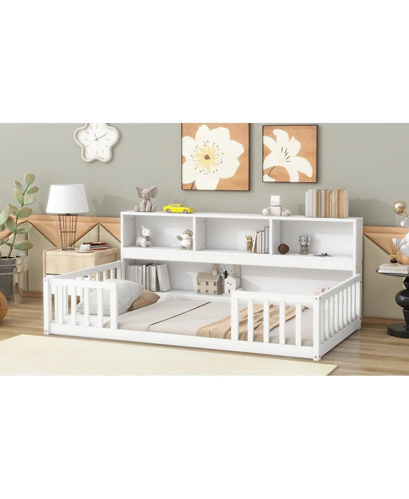 Simplie Fun Twin Floor Bed With Bedside Bookcase, Shelves, Guardrails, White