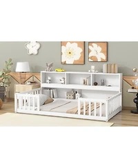 Simplie Fun Twin Floor Bed With Bedside Bookcase, Shelves, Guardrails, White