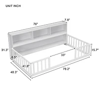 Simplie Fun Twin Floor Bed With Bedside Bookcase, Shelves, Guardrails, White