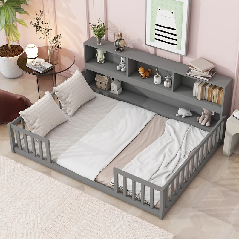 Simplie Fun Full Floor Bed With Side Bookcase, Shelves, Guardrails, Grey