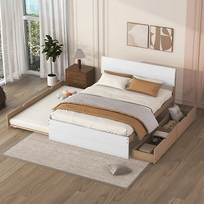 Streamdale Furniture Modern Full Bed Frame With Twin Size Trundle And 2 Drawers For White High Gloss With Light Oak Color