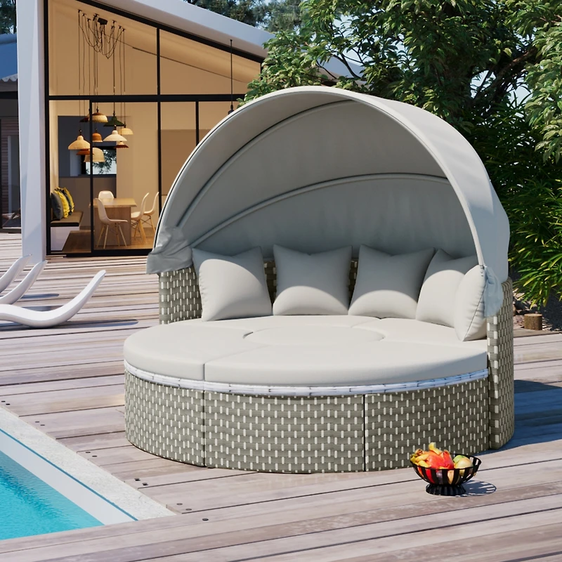 Simplie Fun Gray Rattan Outdoor Sectional Sofa Set with Retractable Canopy