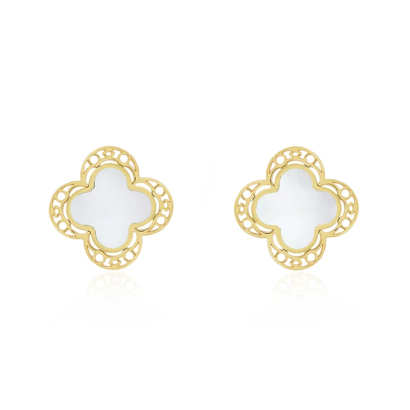 The Lovery Mother of Pearl Lace Clover Stud Earrings 14K Gold