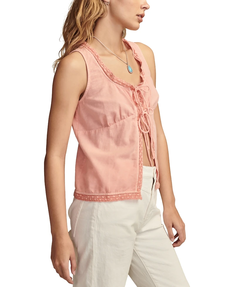 Lucky Brand Women's Flyaway Tie-Front Lace-Trim Tank Top