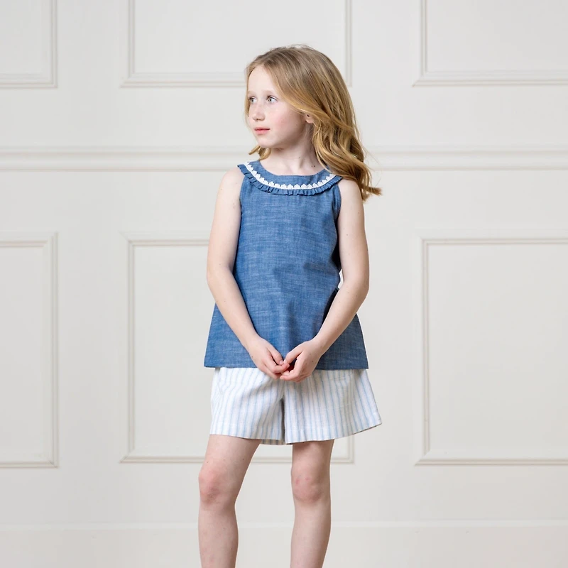 Hope & Henry Toddler Girls Sleeveless Ruffle Collar Chambray Button Back Top