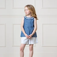 Hope & Henry Toddler Girls Sleeveless Ruffle Collar Chambray Button Back Top