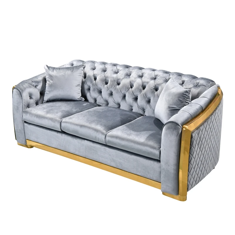 Simplie Fun Velvet Luxury Chesterfield Sofa Set, 84" Grey Fabric