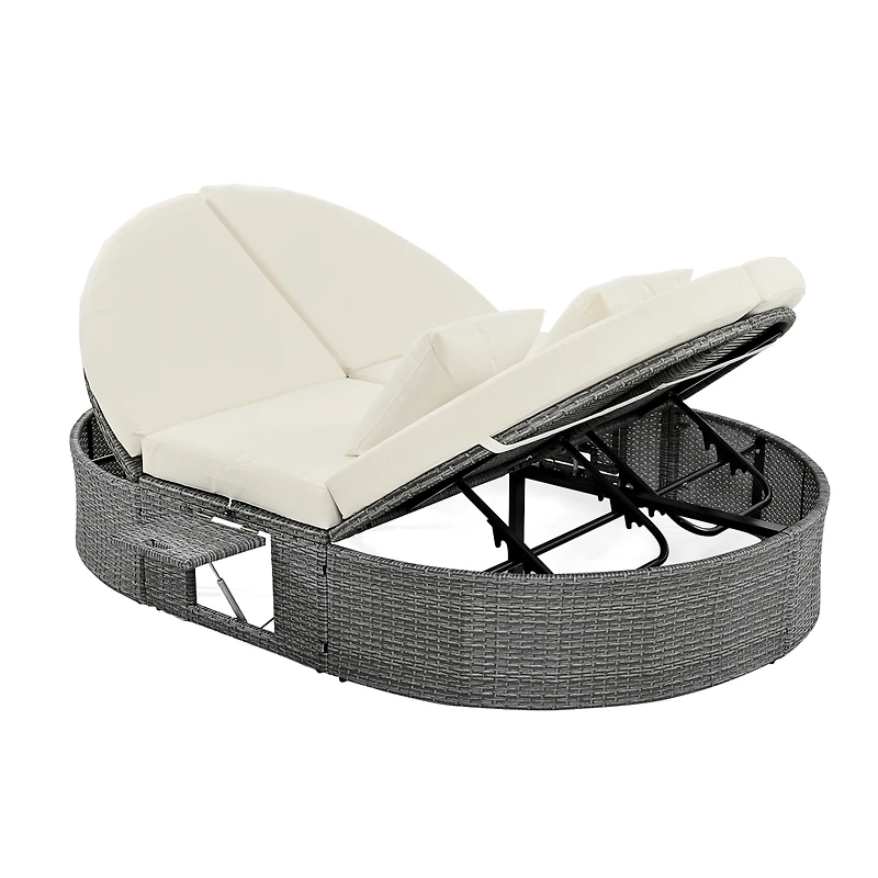 Simplie Fun Gray Rattan Outdoor Daybed with Cushions and Cup Trays
