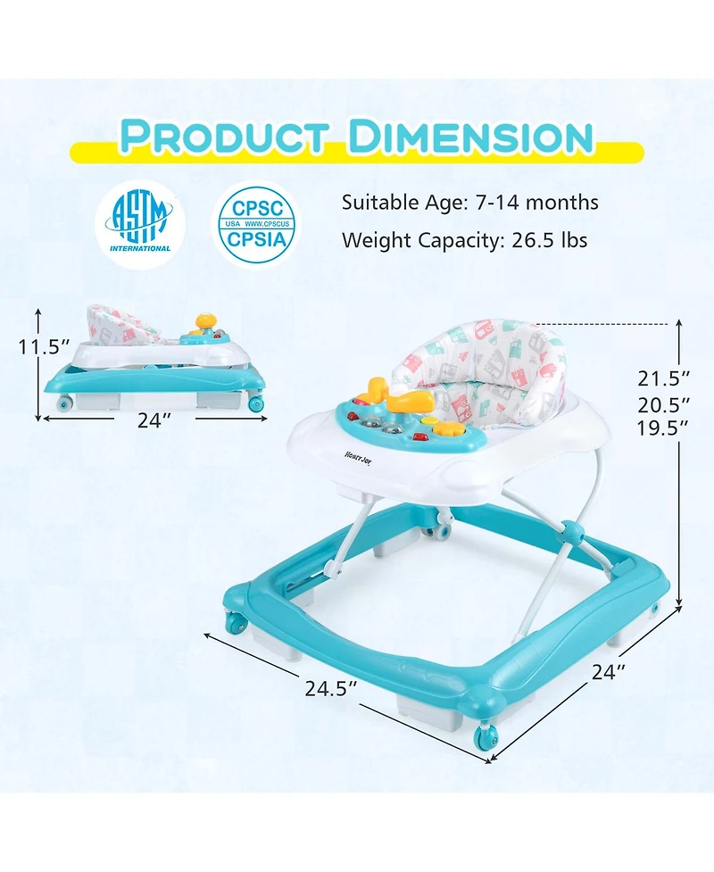 Costway Foldable Baby Walker with 3 Adjustable Heights Comfy Padded Seat Music Tray